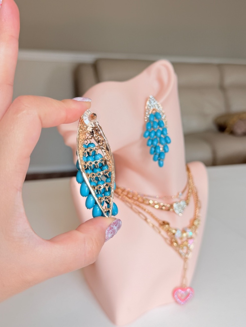 Gold-Tone Turquoise Cluster Drop Earrings - Picture 8 of 13